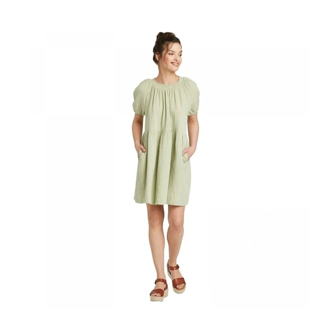 Universal Thread Smocked Gauze Shift Cotton Pastel Mint Baby Doll Dress size M - Picture 3 of 12